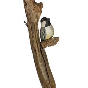 VTG Hand Carved Wood Chickadee Hand Painted Perched On Driftwood Wall Decor 7"